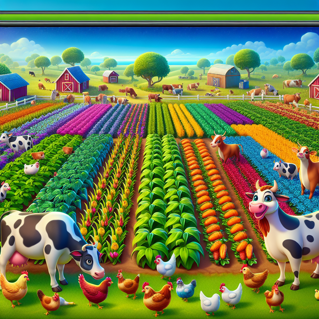 Colorful farm landscape with crops and animals